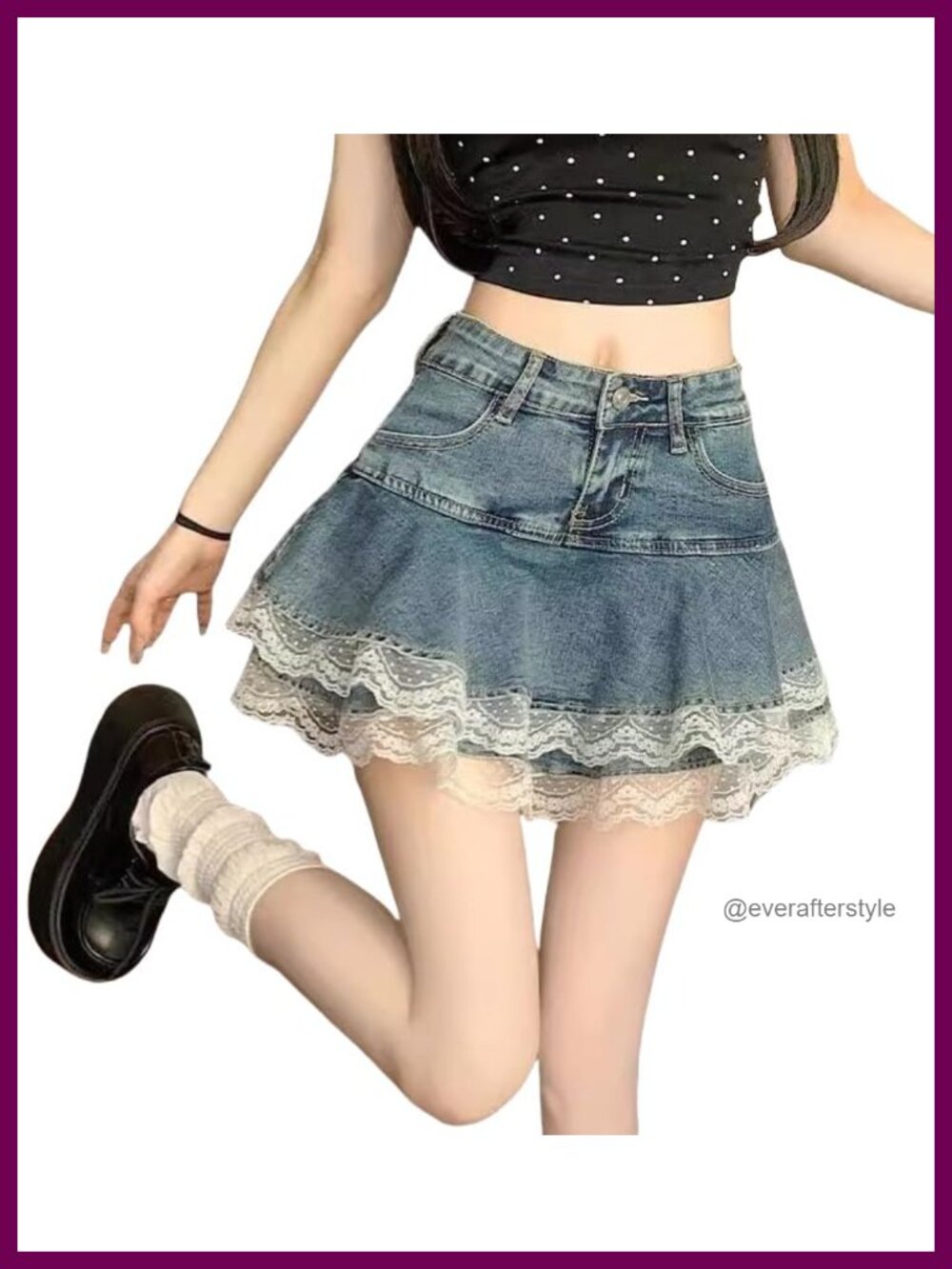 Y2K High Waist Denim Mini Skirt Lace Trim Layered A-Line Skater